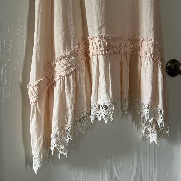 Heart's Desire Linen Light Peach Midi Dress with Lace Hem and Pockets - Picture 3 of 7